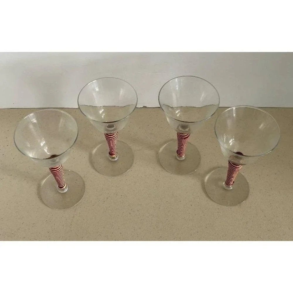 MCM Champagne Coupes - Clear Glass w/Red & Yellow Striped Spiral‎ Rattan Wrapped